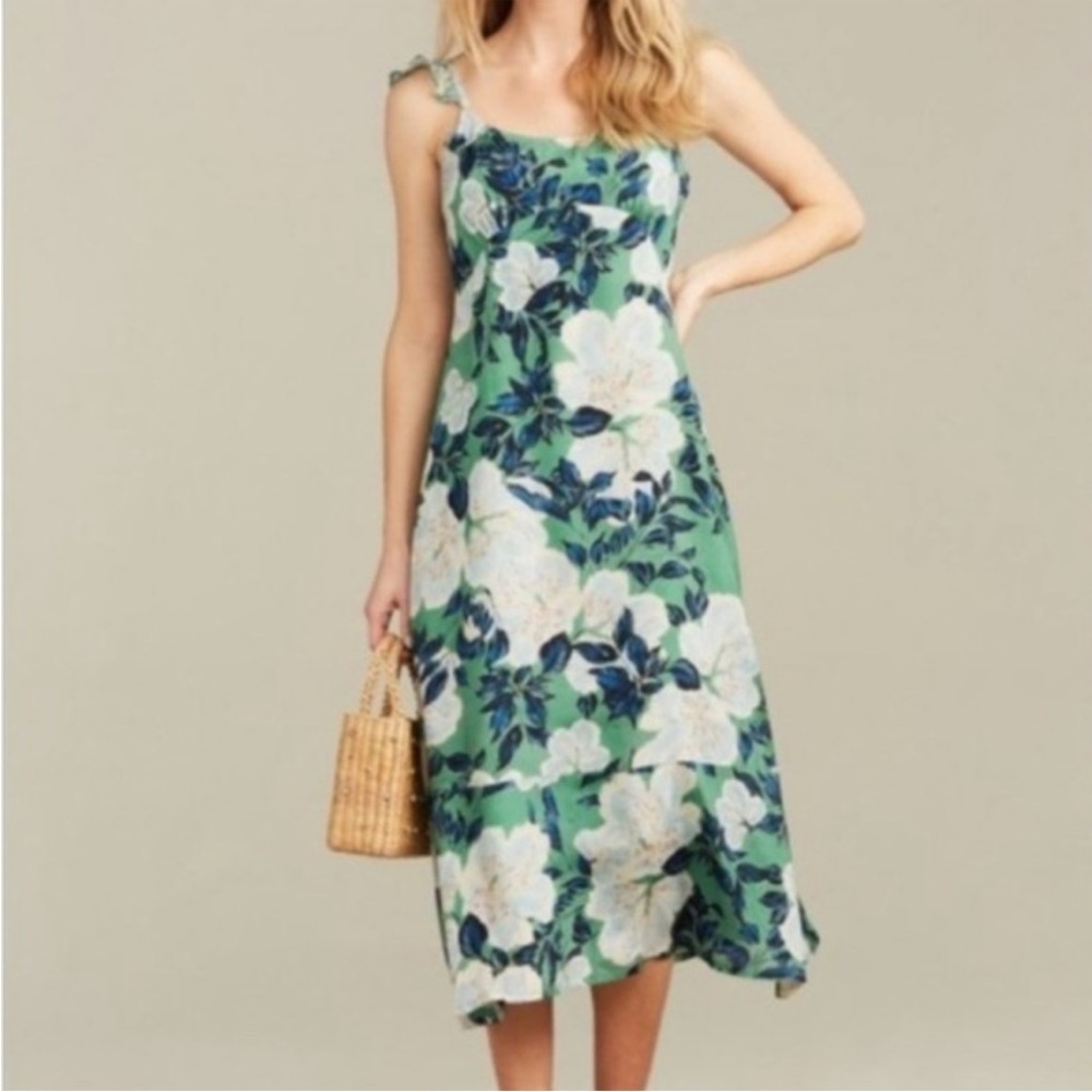 Anthropologie Roller Rabbit Quinn Green Blue Floral Cotton Midi Dress Size M